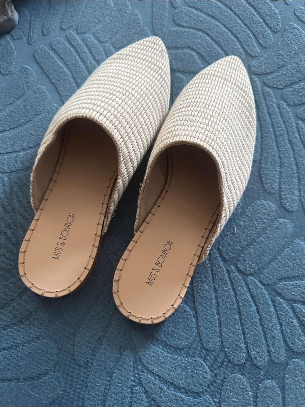 Beige Woven Pointed-Toe Slip-On Mules